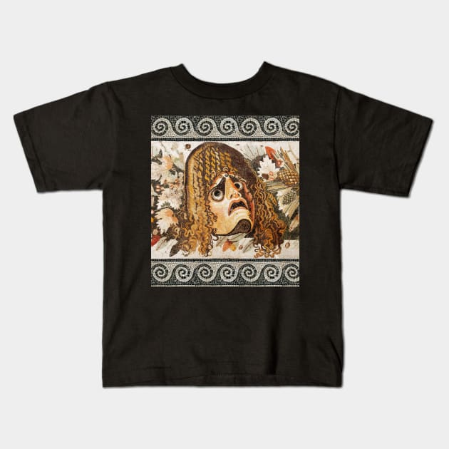 POMPEII COLLECTION ANTIQUE ROMAN MOSAICS ,GREEK TRAGEDY THEATER MASK WITH LEAVES AND PINE CONES Kids T-Shirt by BulganLumini